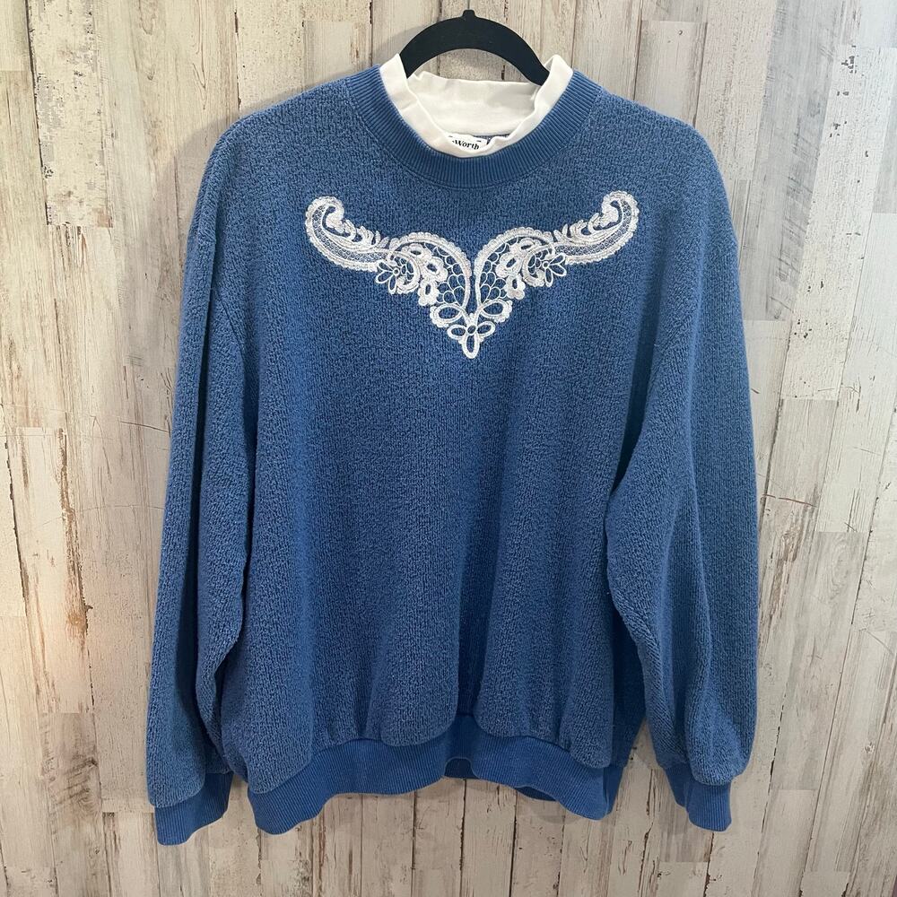 Vintage Bonworth Blue Double Collar Fuzzy Crewneck Sweatshirt 90s Womens Large